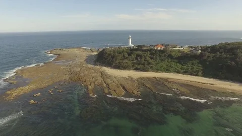 Aerial View White Lighthouse Australia Wide Shot Stock Footage 80183045