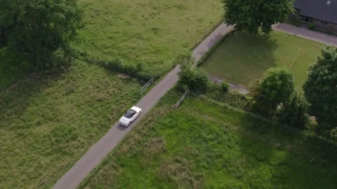 Aerial view of white oldtimer wedding car driving on small road, Netherlands Video stock 268471726