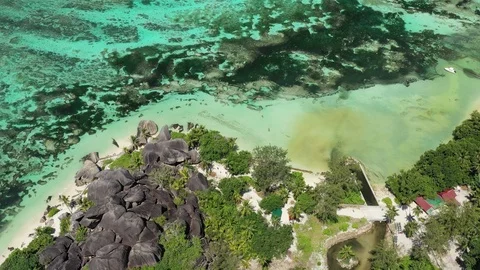 Aerial view of white sand beach -  Anse Union, La Digue Seychelles Video stock 100121135