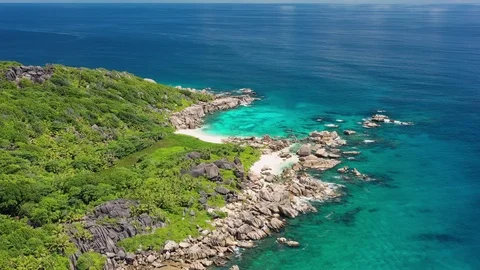 Aerial view of white sand beach - Anse Marron, La Digue, landscape of Seychelles Video stock 100221282