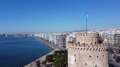Aerial View Of White Tower And Promenade In Thessaloniki Stock Footage 263896584