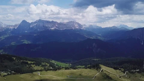 Aerial view of a wide alpine valley, Dolomites Sass de Putia Stock Footage 114356732