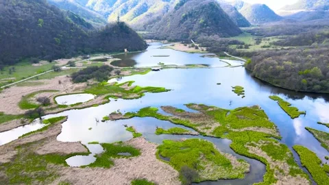 Aerial View of Wide Main River Beach Wetland in Shennongjia Hubei China Stock Footage 337938653