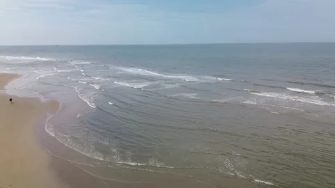 Aerial view of a wide sandy beach with gentle waves, scattered beachgoers 動画素材 314274789