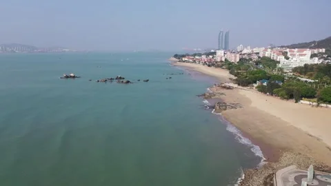 Aerial View of a Wide Sandy Beach and Shoreline Stock Footage 345233540