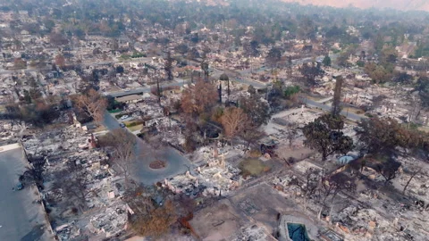 Aerial view of wildfire damage in Altadena neighborhood of Los Angeles Stock Footage 301646290