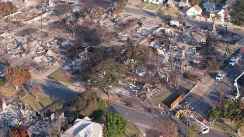 Aerial view of wildfire damage in Altadena neighborhood of Los Angeles Stock Footage 301662414