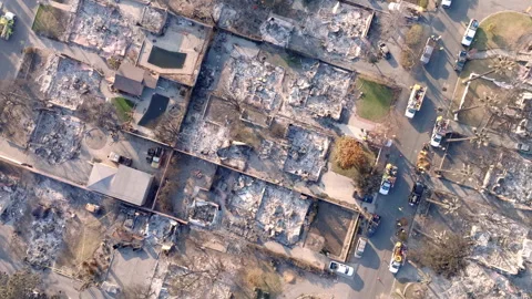 Aerial view of wildfire damage in Altadena neighborhood of Los Angeles Stock Footage 301664463