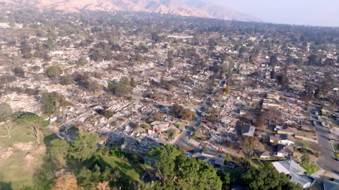 Aerial view of wildfire damage in Altadena neighborhood of Los Angeles Stock Footage 301665408