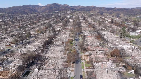 Aerial view of wildfire damage in Pacific Palisades neighborhood of Los Angeles Stock Footage 301580799