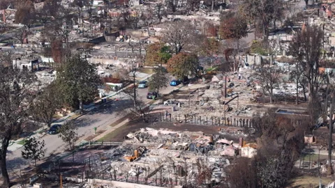 Aerial view of wildfire damage in Pacific Palisades neighborhood of Los Angeles Stock Footage 301581554
