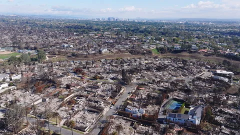 Aerial view of wildfire damage in Pacific Palisades neighborhood of Los Angeles Stock Footage 301582482