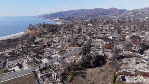 Aerial view of wildfire damage in Pacific Palisades neighborhood of Los Angeles Stock Footage 301583924