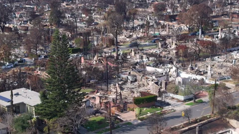 Aerial view of wildfire damage in Pacific Palisades neighborhood of Los Angeles Stock Footage 301584867