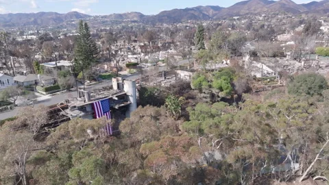 Aerial view of wildfire damage in Pacific Palisades neighborhood of Los Angeles Stock Footage 301585559