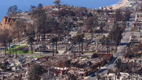 Aerial view of wildfire damage in Pacific Palisades neighborhood of Los Angeles Stock Footage 301588089