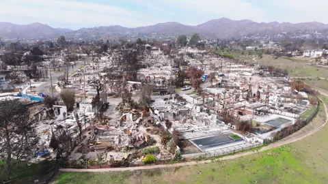 Aerial view of wildfire damage in Pacific Palisades, California Stock Footage 302356963