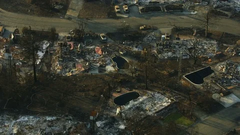 Aerial view of wildfire devastation rural community California Stock Footage 83914191