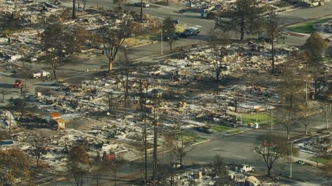 Aerial view of wildfire devastation rural community California Stock Footage 83917202