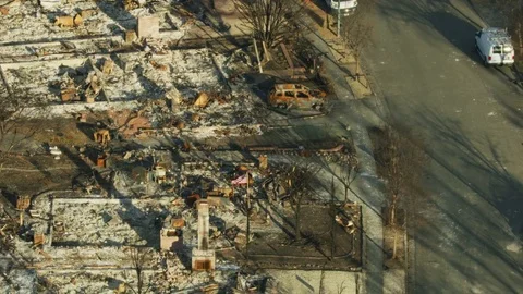Aerial view of wildfire devastation rural community California Stock Footage 83917347