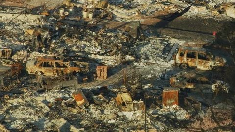 Aerial view of wildfire devastation rural community California Video stock 83917623