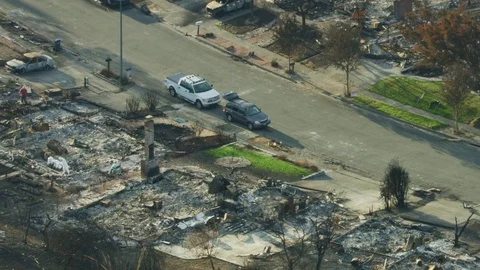 Aerial view of wildfire devastation rural community California Video stock 83928022