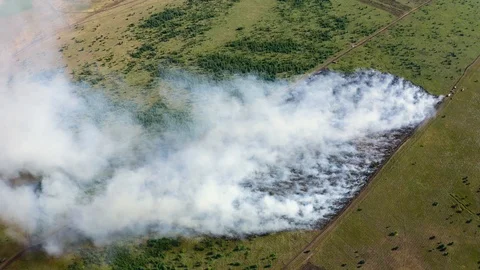 Aerial view of wildfire in green fields from hot weather, natural disaster Stock Footage 110508796
