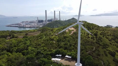 Aerial View of Wildmill, Clean And Renewable Wind Power, Lamma Island, Hong Kong Stock Footage 233743541