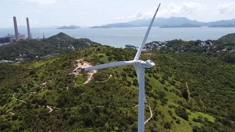 Aerial View of Wildmill, Clean And Renewable Wind Power, Lamma Island, Hong Kong Stock-Footage 233743564