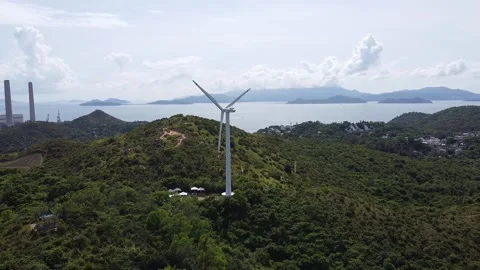 Aerial View of Wildmill, Clean And Renewable Wind Power, Lamma Island, Hong Kong Stock Footage 233743567
