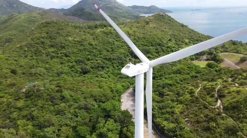 Aerial View of Wildmill, Clean And Renewable Wind Power, Lamma Island, Hong Kong Stock Footage 233743578