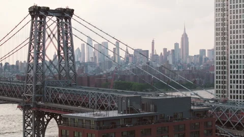 Aerial view of The Williamsburg Bridge at dusk Stock Footage 287274331