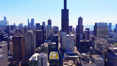 Aerial view of Willis Tower and Chicago skyline, Illinois Stock Footage 341028348