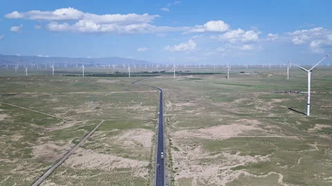 Aerial View of Wind Farm and G109 Highway in Qieji Township Video stock 342090891