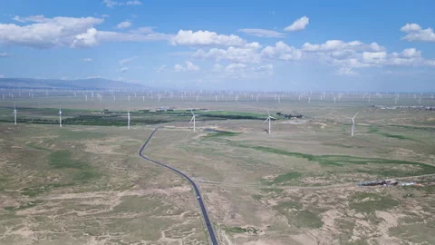 Aerial View of Wind Farm and G109 Highway in Qieji Township Vidéo 342091263