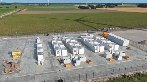Aerial view of a wind farm battery storage unit plant 動画素材 341875431