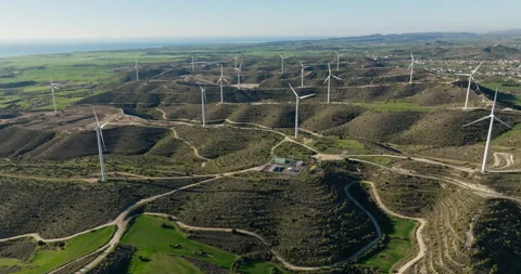 Aerial view of a wind farm in Cyprus. Production of green energy. Vídeos de archivo 233321822