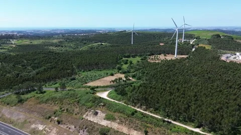 Aerial view | wind generation system and beautiful landscape Stock Footage 311056449