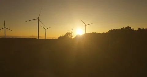 Aerial view of wind generators in the evening sky on the field. Video stock 87846785