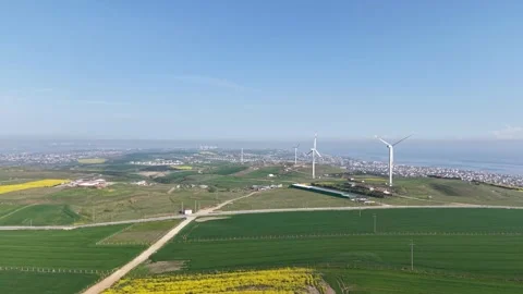 Aerial view of the wind panels and sea Stock-Footage 308183380