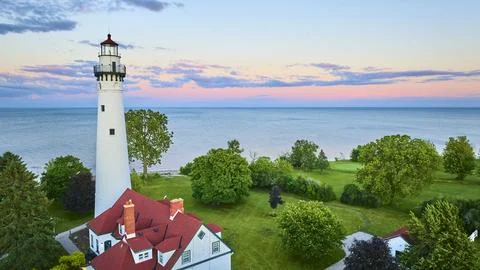 Aerial View of Wind Point Lighthouse at Sunset Over Lake Michigan 写真素材