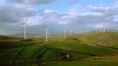 Aerial view of wind power plant at sunset Video stock 120419081