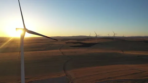 Aerial view of wind power plant at sunset 2 Stock Footage 294081653