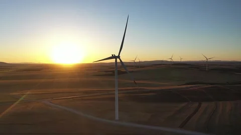 Aerial view of wind power plants in wide field 3 Stock Footage 294082543