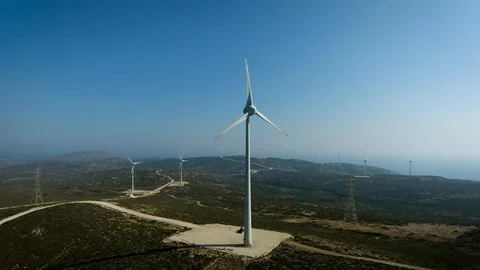 Aerial view of the wind power stations on Rhodes, Greece. Wind power. 4k Video stock 96219983