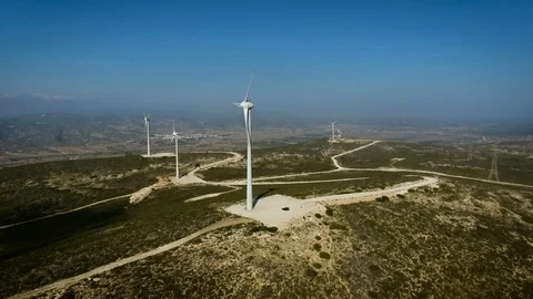 Aerial view of the wind power stations on Rhodes, Greece. Wind power. 4k Video stock 96220045