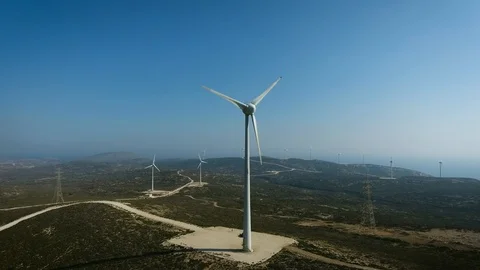 Aerial view of the wind power stations on Rhodes, Greece. Wind power. 4k Video stock 96220065