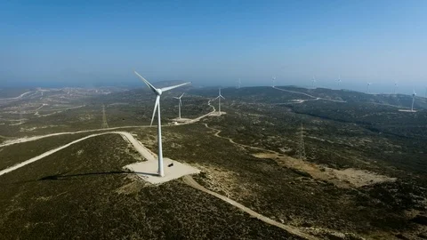 Aerial view of the wind power stations on Rhodes, Greece. Wind power. 4k Video stock 96220109