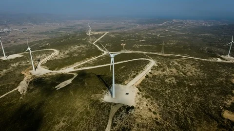 Aerial view of the wind power stations on Rhodes, Greece. Wind power. 4k Video stock 96220114