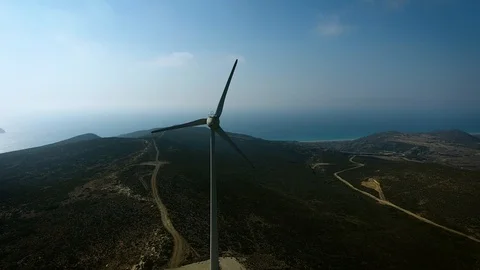 Aerial view of the wind power stations on Rhodes, Greece. Wind power. 4k Video stock 96220236